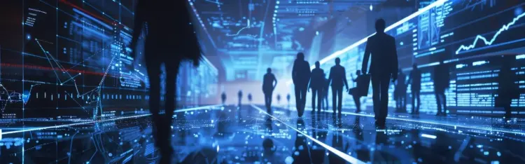 Silhouettes walk down a neon-blue corridor in a virtual reality environment with graphs and other customer engagement data displayed on the walls and ceiling.