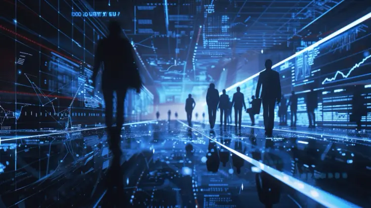 Silhouettes walk down a neon-blue corridor in a virtual reality environment with graphs and other customer engagement data displayed on the walls and ceiling.