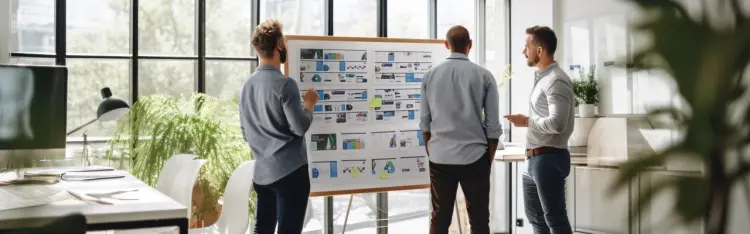 A creative team reviews a brand strategy proposal displayed on a whiteboard in a brightly lit office.