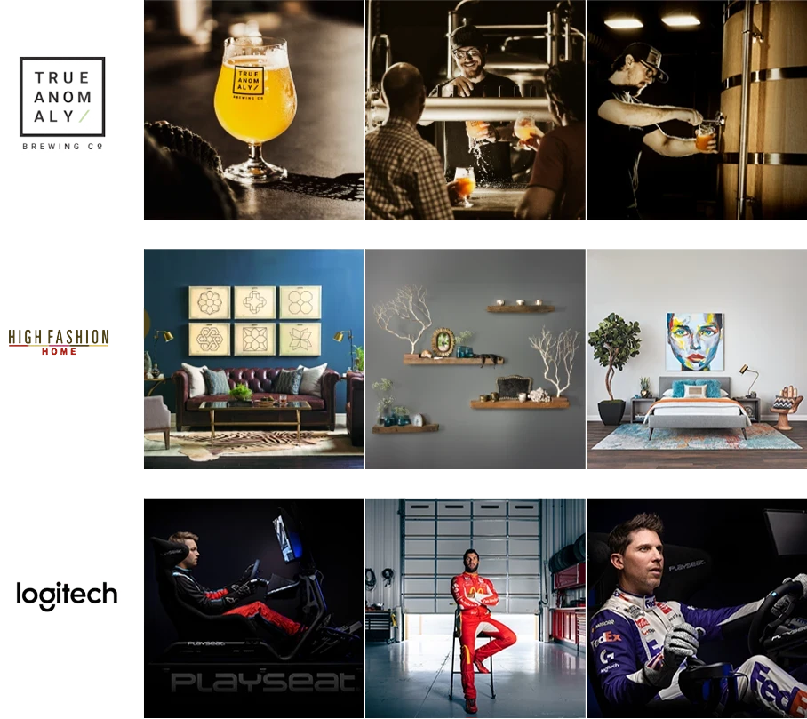 Compilation of images for clients including True Anomaly (beer and brewery), High Fashion Home (artistic furniture), and Logitech (racing systems and race car drivers).