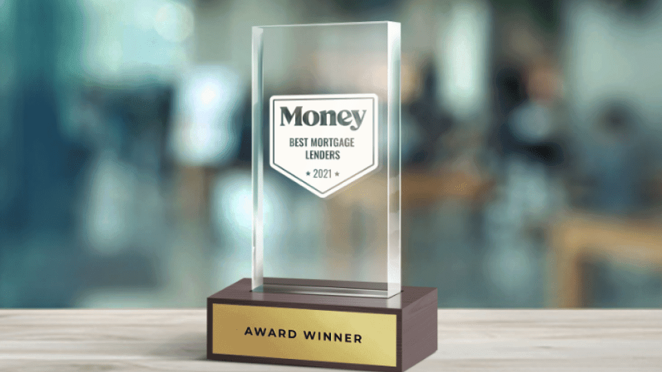 Dramatic view of a crystal trophy bearing the Money Best Mortgage Lenders award logo and the words, “Award Winner.”