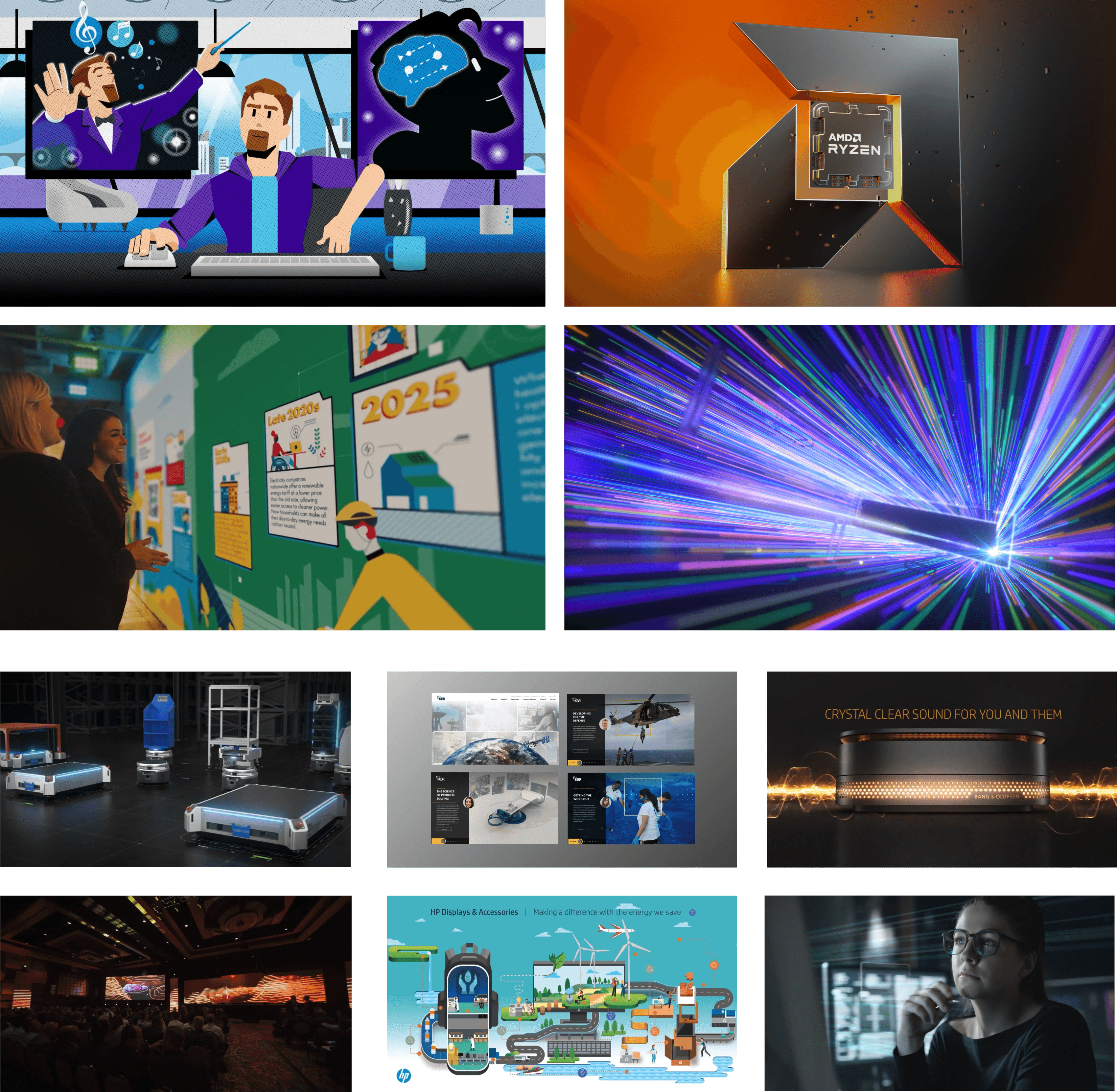 Compilation of 10 motion examples including 2D animation of a human character, 3D animation of AMD Ryzen processor, interactive display for Shell SXSW, and 3D and lighting effects for an HPE video, 3D animations of Zebra Technology products, KBR video stills, HP/Bang & Olufsen product, Halliburton event video, 2D animation for HPE, and video of woman looking at monitor.