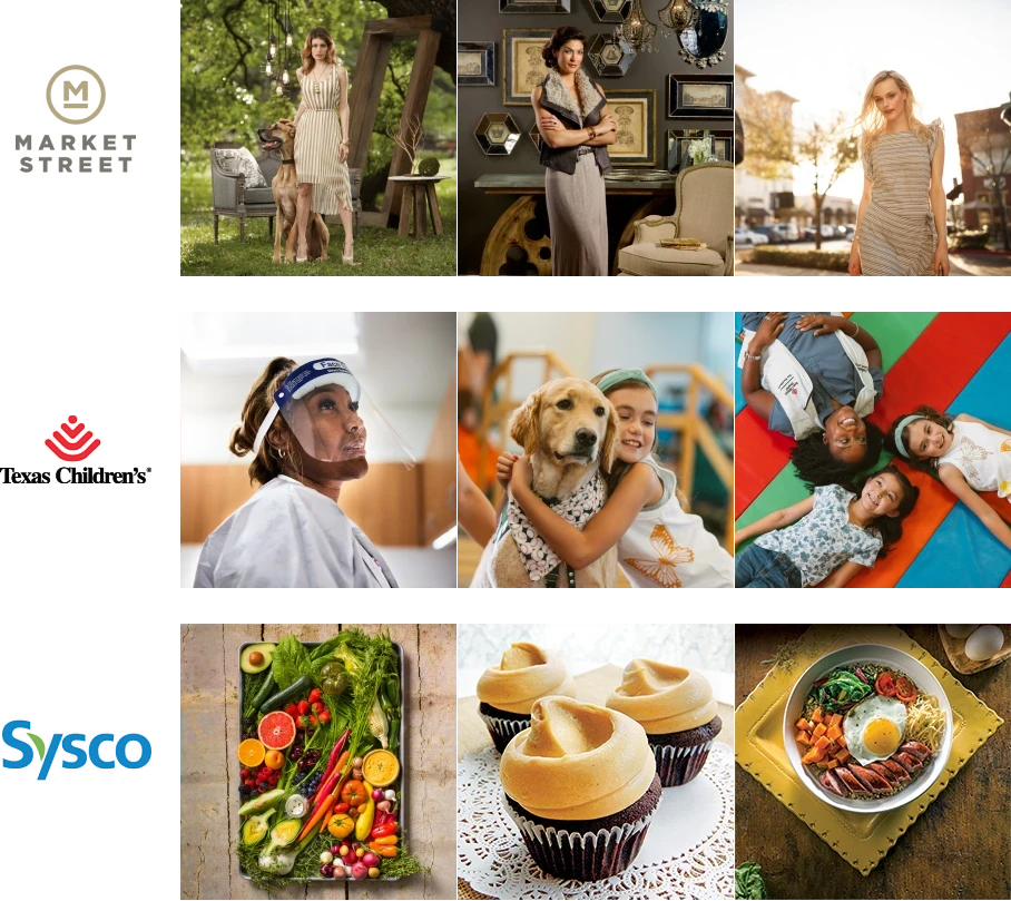 Compilation of images for clients including Market Street (fashion images), Texas Children’s Hospital (portraits of doctors and children), and Sysco (plated food).