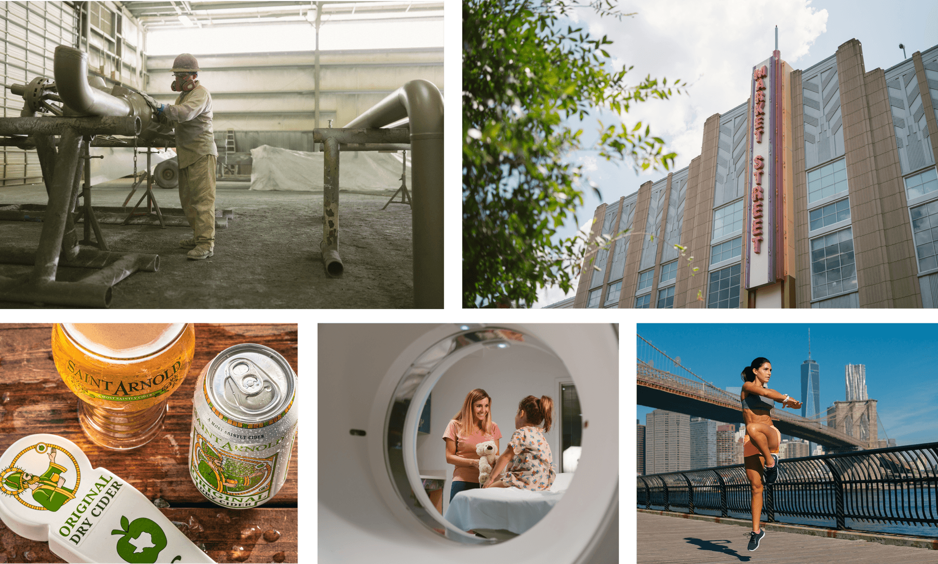 Compilation of five photography examples including inside an industrial piping warehouse, the Market Street sign in The Woodlands, Saint Arnold Brewing cider can, child and nurse through an MRI machine, and woman stretching on running path near New York City.