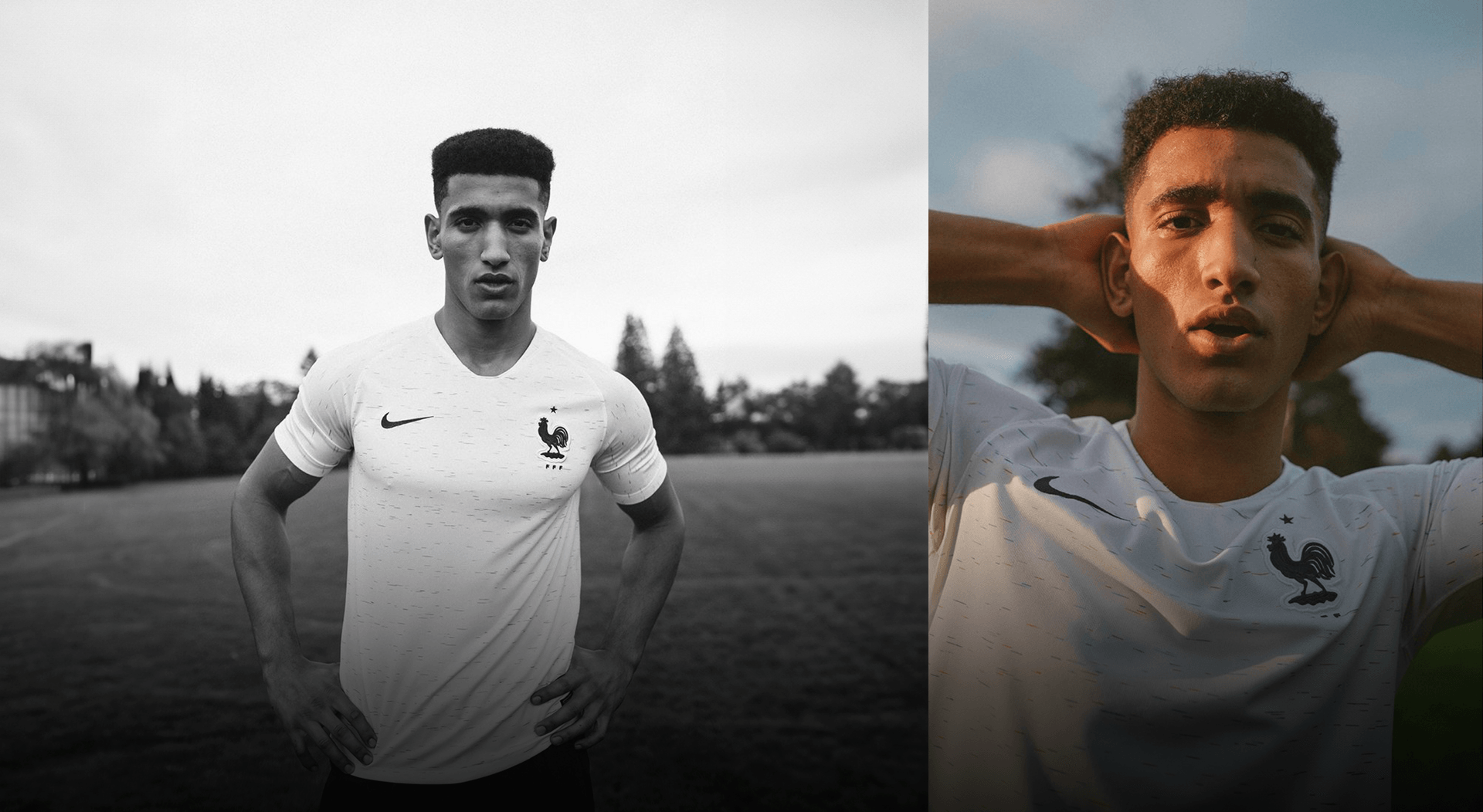 Portrait of soccer player wearing a France National Soccer team shirt, posing confidently in a soccer field, depicted in black and white on the left and color on the right.