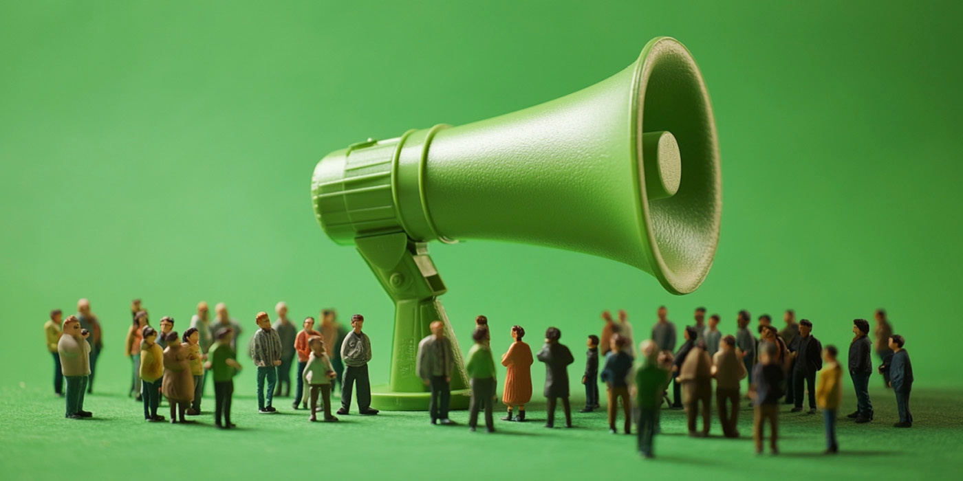 Group of people gathered around a very large megaphone to represent brand messaging